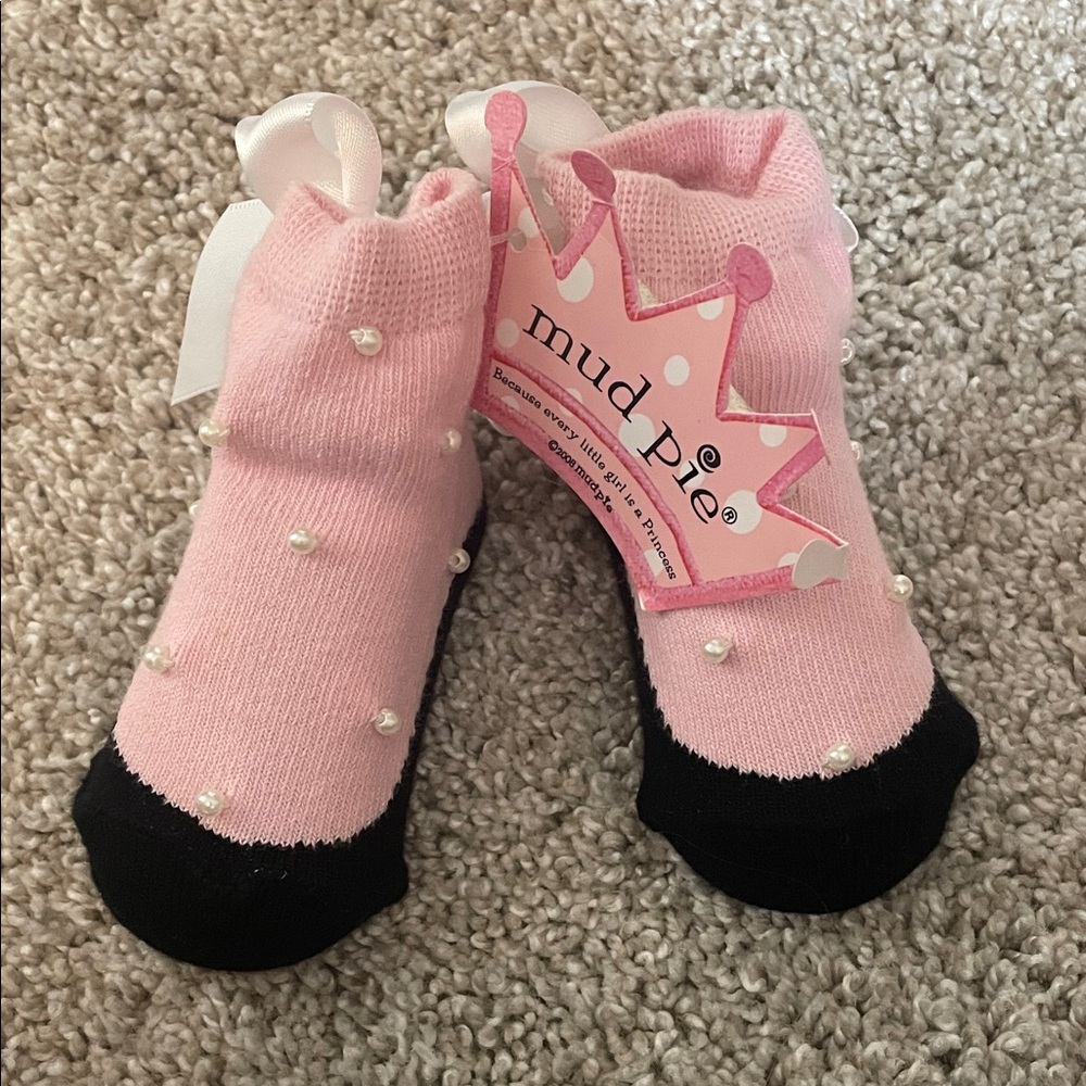 Mud Pie Pink and Black Baby Socks with Pearls